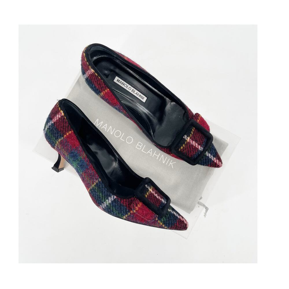 Manolo Blahnik Maysale Tartan Multicolor Wool Buckle Pointed Toe Heels IT 37